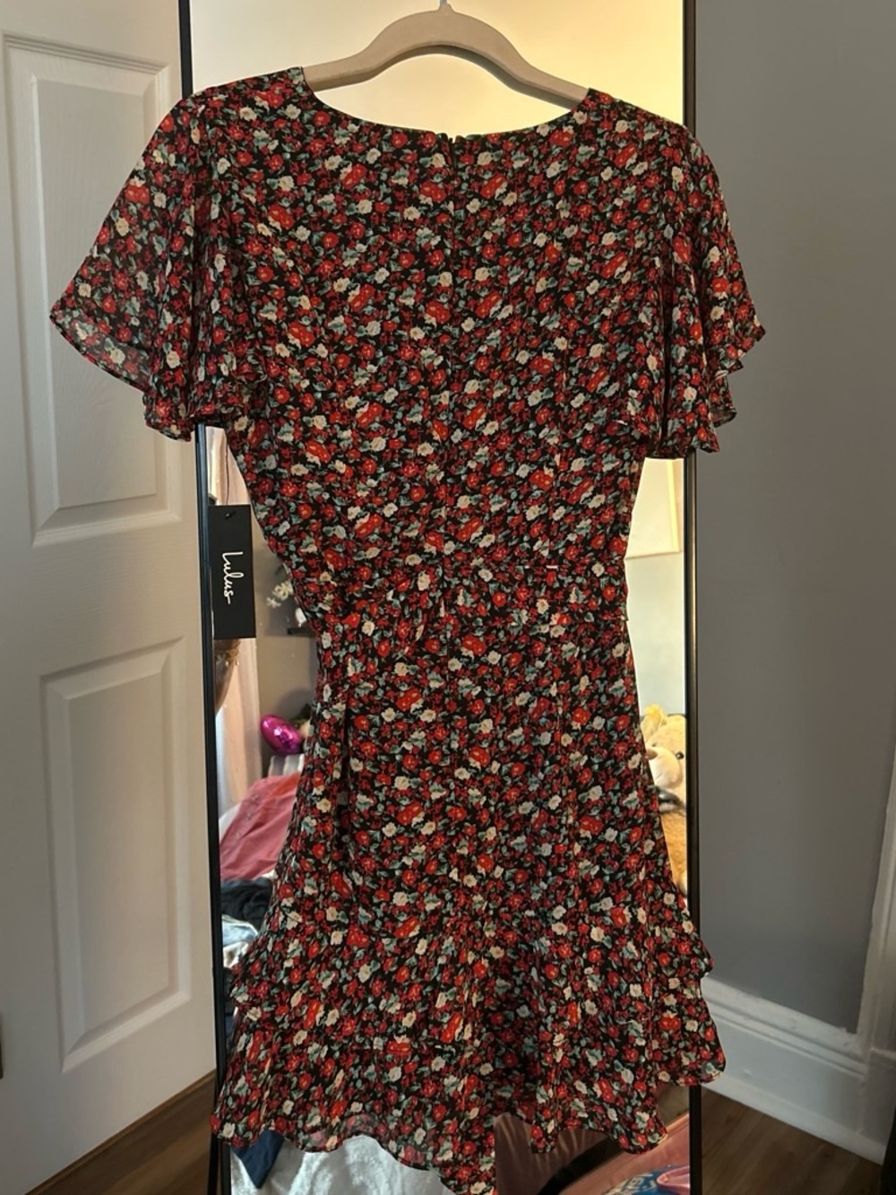 Lulu's Black Red Floral Wrap-Style Mini Dress - Picture 2 of 4